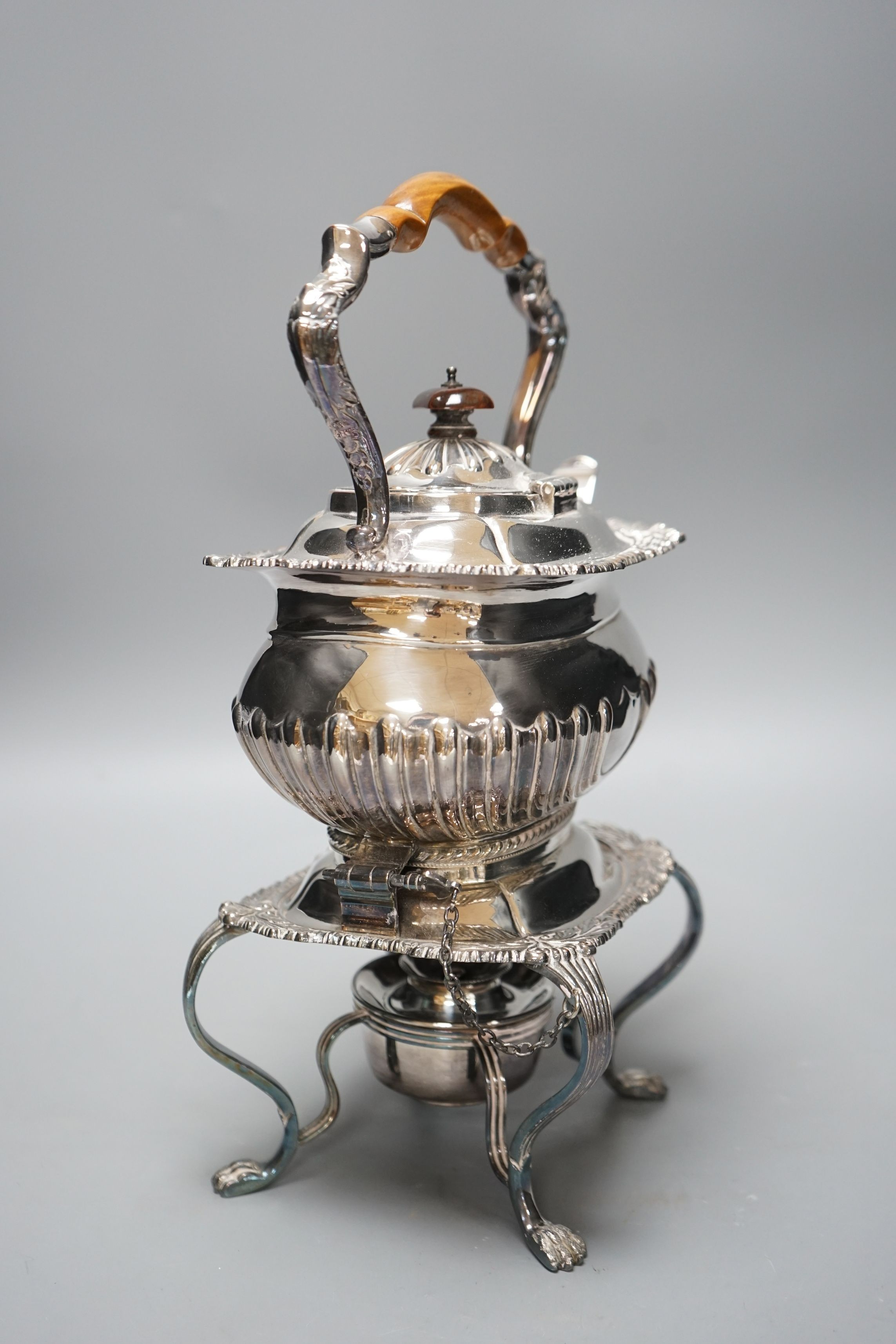 A silver plated kettle on stand, 35cms high